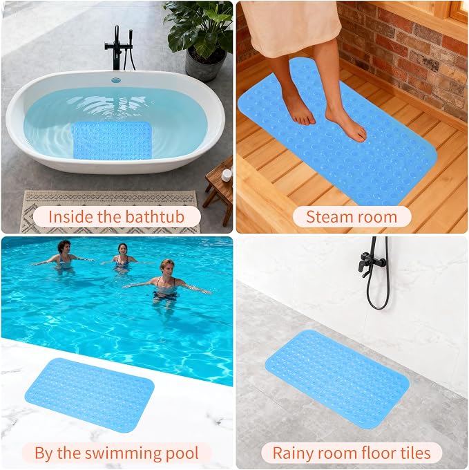 Anti-Slip Bathtub Shower mat, 28×15（ 70×37cm） inch Soft Oversized Machine Washable Non-Slip Bathtub mat with Drainage Holes, Bathroom Floor Suction Cup.（1-Sky Blue）