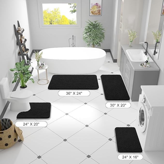 OLANLY Bathroom Runner Rugs 44x24, Extra Soft Absorbent Chenille Bath Rugs, Rubber Backing Quick Dry, Machine Washable Long Bath Mats for Bathroom Floor, Tub and Shower, Home Decor Accessories, Black