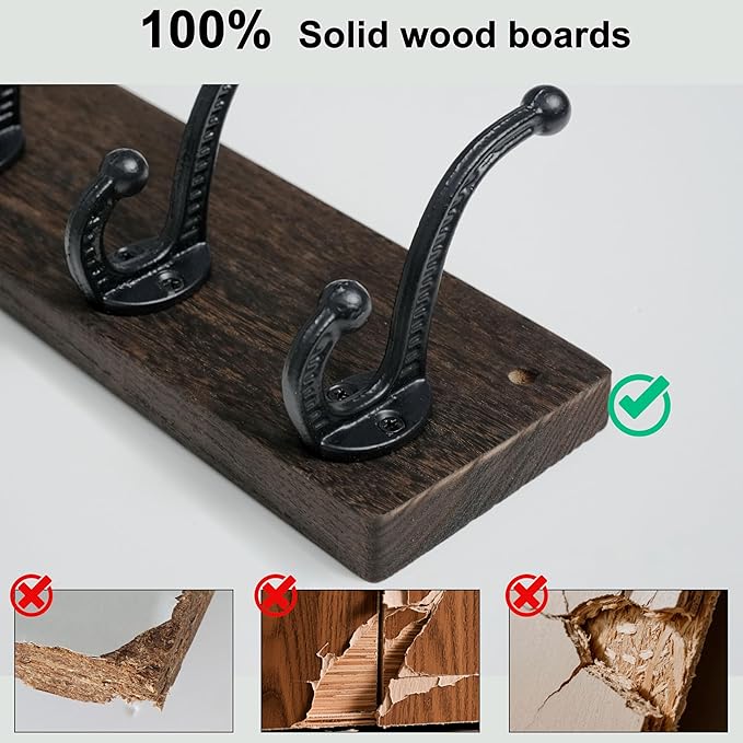 WEBI Rustic Coat Rack Wall Mount,24" Long 6 Cast Iron Coat Hooks Wall Mounted,Heavy Duty Wood Wall Coat Hanger Hooks for Hanging Coats,Jacket,Clothes,Backpack,Farmhouse,Weathered Brown,2 Packs