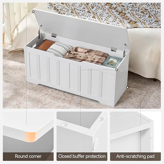 VANKILEY 43.3" Storage Chest Extra Large,Storage Trunk with 2 Safety Hinges,Wooden Storage Bench,Shoe Bench,43.3x15.7x19.1 Inch,Easy Assembly,Storage Bench for Bedroom,Living Room,entryway(White).