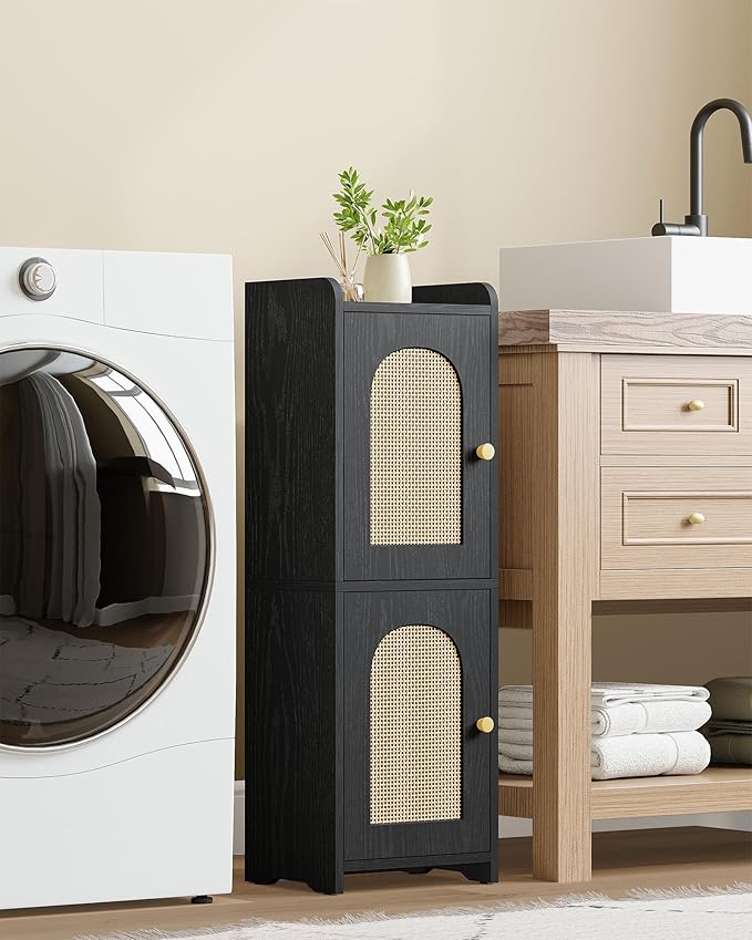 Hzuaneri Bathroom Storage Cabinet, Small Corner Floor Cabinet with 2 Doors and Adjustable Shelf, Narrow Toilet Paper Cabinets, Bathroom Organizer for Small Spaces, 7.9" D x 9.8" W x 29.5" Rattan Black