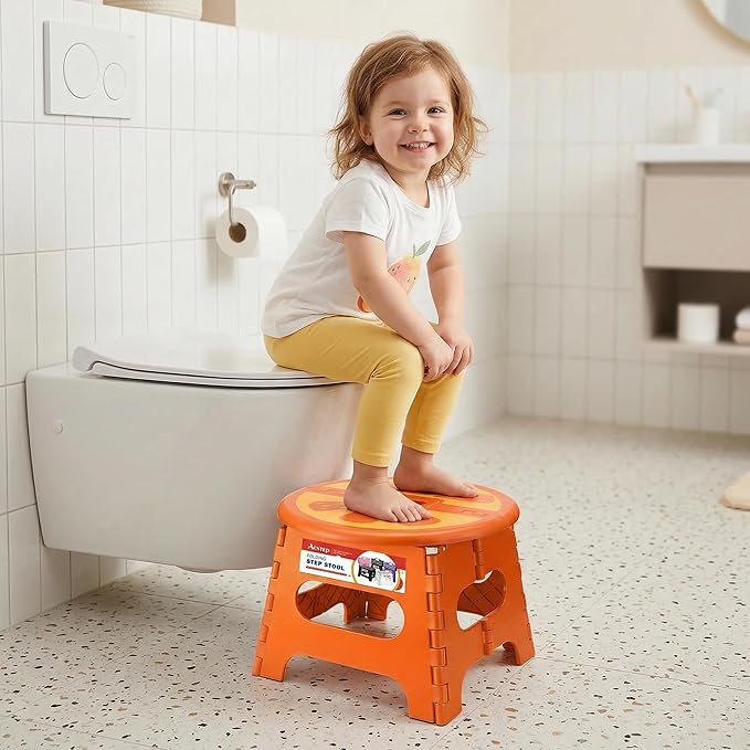 ACSTEP Folding Step Stool 9 Inch, Sturdy Collapsible Step Stool Foldable Up to 265 lbs for Kids Toddlers & Adults, Non Slip Foot Stools with Handle for Kitchen, Bathroom, Bedroom, Outdoor, Orange