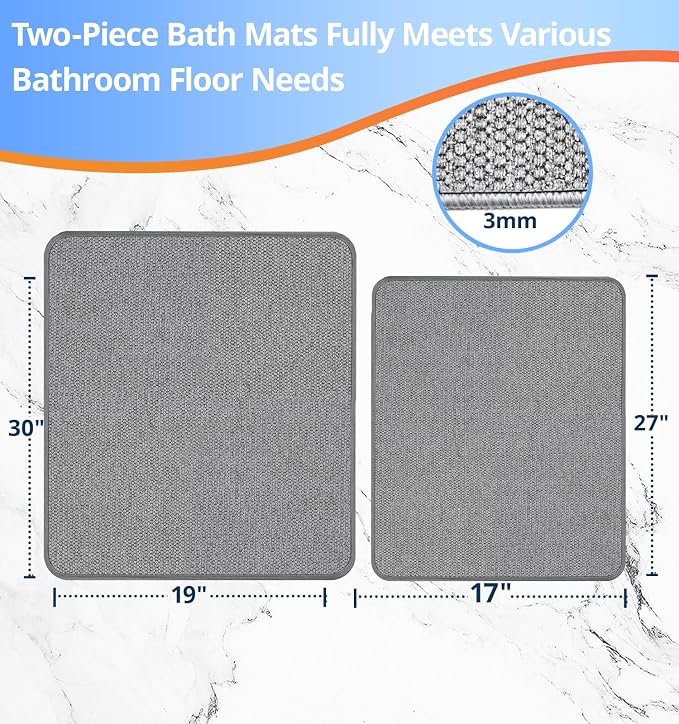 HOMTEB Bathroom Rugs Sets 2 Piece, Thin Bath Mat Absorbent Quick Dry, Machine Washable, Rubber Backing for Non Slip, Low Pile Cozy Cloth Bathroom Rug Set for Tub/Sink/Shower (27"x17" & 30"x19", Gray)