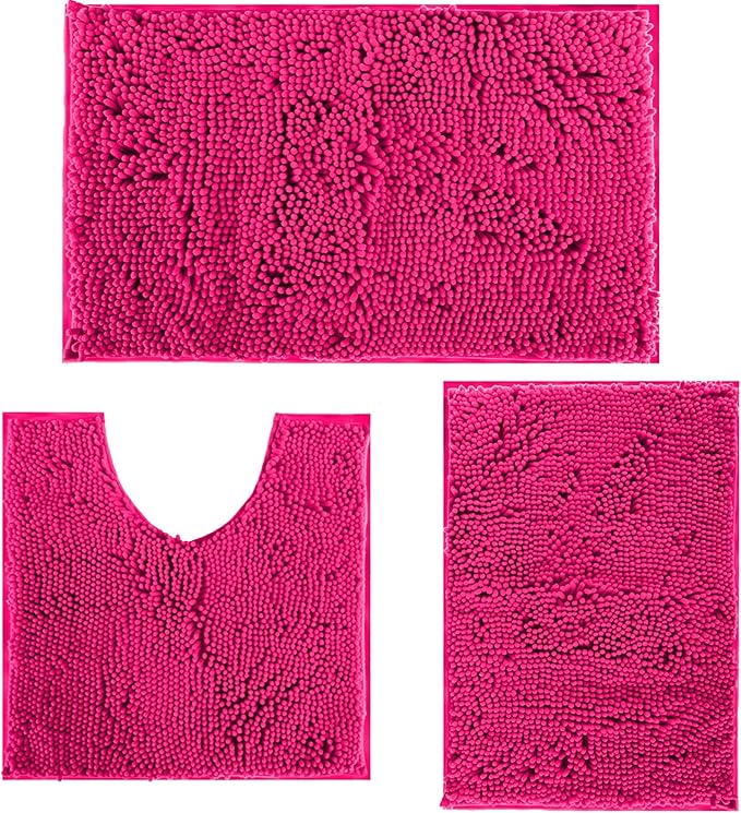 Deep Pink Plush Bath Set - 3 Piece Anti-Slip Mats, Soft Chenille Shaggy Mat for Bathroom, Bedroom & Living Room, Water Absorbent