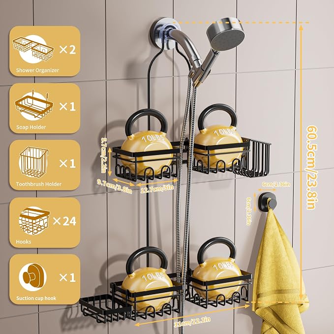 DAOYA Shower Caddy Hanging - Shower Caddy for Handheld Shower Heads with Soap holder, Toothbrush Holder & Suction Hook, Universal 0.82-inch Fit with Non-Slip Rubber Pad, Black
