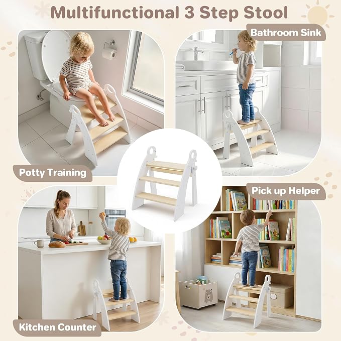 Step Stool for Toddlers, 3-Step Kids Step Stool for Bathroom Sink, Foldable Toilet Potty Training Bamboo Wooden Stool with Handles and Non-Slip Pads for Bedroom, Kitchen Stool Helper, White