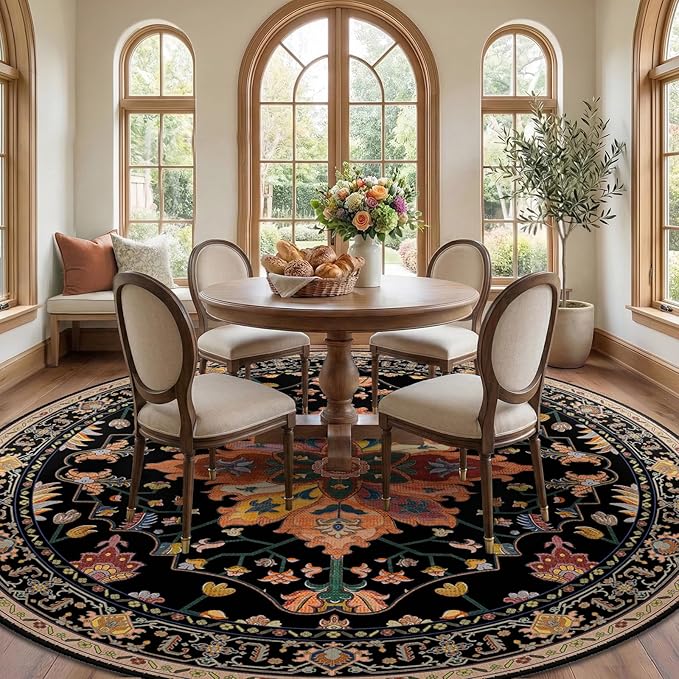 RELEANY Area Rugs Round 10ft Washable Non-Slip, Floral Vintage Distress Medallion Carpet for Living Room Bedroom Dining Room, Black Colorful Floral Dark Tan