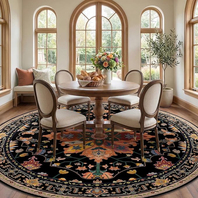 RELEANY Area Rugs Round 8ft Washable Non-Slip, Floral Vintage Distress Medallion Carpet for Living Room Bedroom Dining Room, Black Colorful Floral Dark Tan