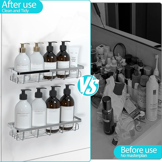 Shower Caddy Organizer with Hooks,Self Adhesive Bathroom Shelves,No Drilling Bathroom Organizers and Storage,Perfect for RV, Apartment, Home Decor,Silvery 4PCS