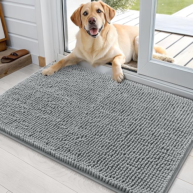OLANLY Dog Door Mat for Muddy Paws 35x24, Absorbs Moisture and Dirt, Absorbent Non-Slip Washable Doormat, Quick Dry Chenille Mud Mat for Dogs, Entry Indoor Entryway Carpet for Inside Floor, Grey