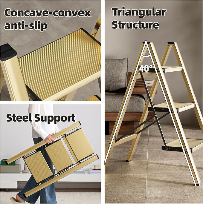 HillhutApex 3 Step Ladder, Lightweight Portable 3 Step Stool with Anti-Slip Wide Pedal,330lbs Capacity Aluminum Ladder for Household,Office,Library(Gold)