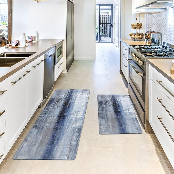 MAYHMYO Anti Fatigue Kitchen Mat - Set of 2 - Blue and Marble Design Comfort Mats - Cushioned, Non Slip Floor Mat