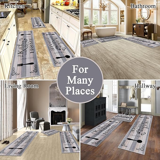Vaukki Boho Kitchen Rug Sets 3 Pieces, Washable Kitchen Mats for Floor, Non Slip Soft Kitchen Area Rug Floor Mat for Kitchen, Laundry Room and Hallway (Grey and Beige, 20''x32''+20''x47''+20''x59'')