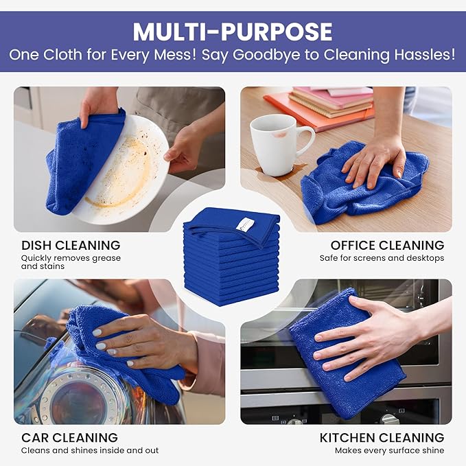 SIFANGKE Microfiber Cleaning Cloth, 12 Pack RoyalBlue Cleaning Rags for Housekeeping, Reusable Microfiber Towels for Car, Kitchen, Bathroom and Household Cleaning Supplies, 11.8"X11.8"