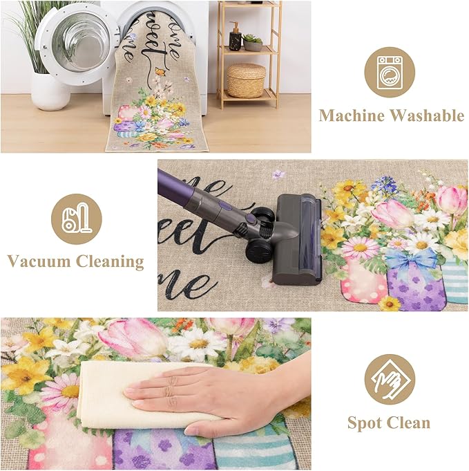 Vaukki Boho Kitchen Rug Sets 3 Pieces, Washable Kitchen Mats for Floor, Non Slip Soft Kitchen Area Rug Floor Mat for Kitchen, Laundry Room and Hallway (Spring Vase, 20''x32''+20''x47''+20''x59'')