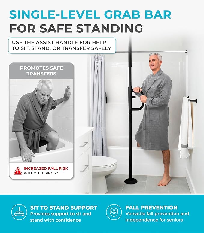 Stander Security Pole and Curve Grab Bar, Elderly Tension Mounted Floor to Ceiling Transfer Pole, Bathroom Safety Assist and Stability Rail, Metallic Black