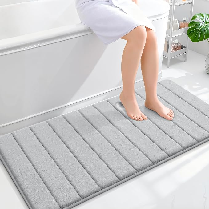 OLANLY Memory Foam Long Bathroom Rugs Runner 47x24, Super Soft Absorbent Bath Mat, Quick Dry, Machine Washable Shower Floor Rugs, Bathmat Carpet, Bathroom Home Decor Accessories, Light Gray