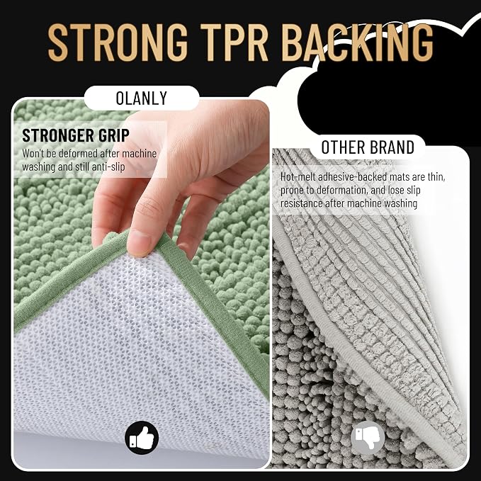 OLANLY Thick Bathroom Runner Rugs 70x24, Absorbent Chenille Striped Bath Rugs, Rubber Backing, Machine Wash, Extra Long Bath Mats for Bathroom Floor, Tub and Shower, Home Decor Accessories, Sage Green