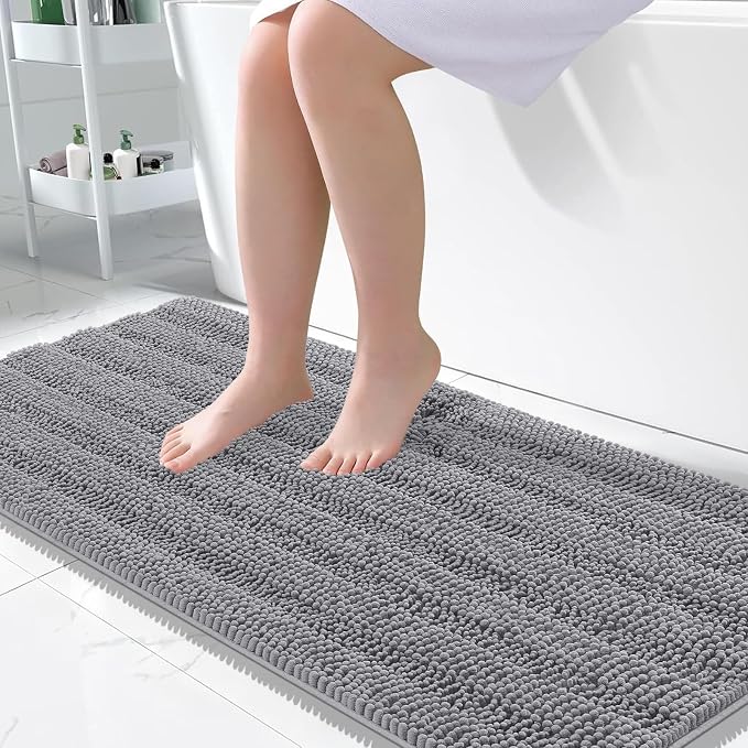 OLANLY Thick Large Bathroom Rugs 50x30, Extra Soft Absorbent Chenille Striped Bath Rugs, Rubber Backing, Machine Wash Dry, Bath Mats for Bathroom Floor, Tub and Shower, Home Decor Accessories, Grey
