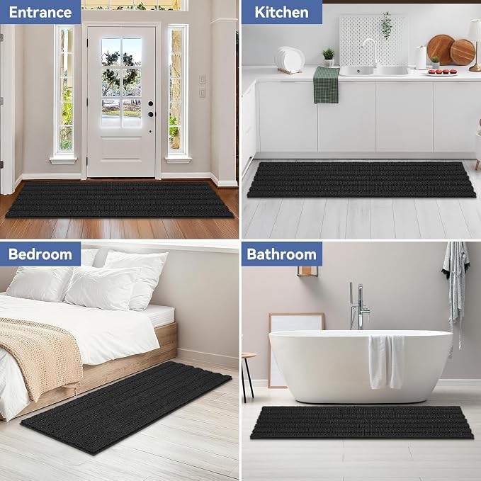Bcoimo Long Bathroom Rug, Chenille Bath Runner with High Low Pile Design, Soft Absorbent Non Slip Bath Mat, Machine Washable Quick Dry Rug for Shower, Tub, Sink and Vanity