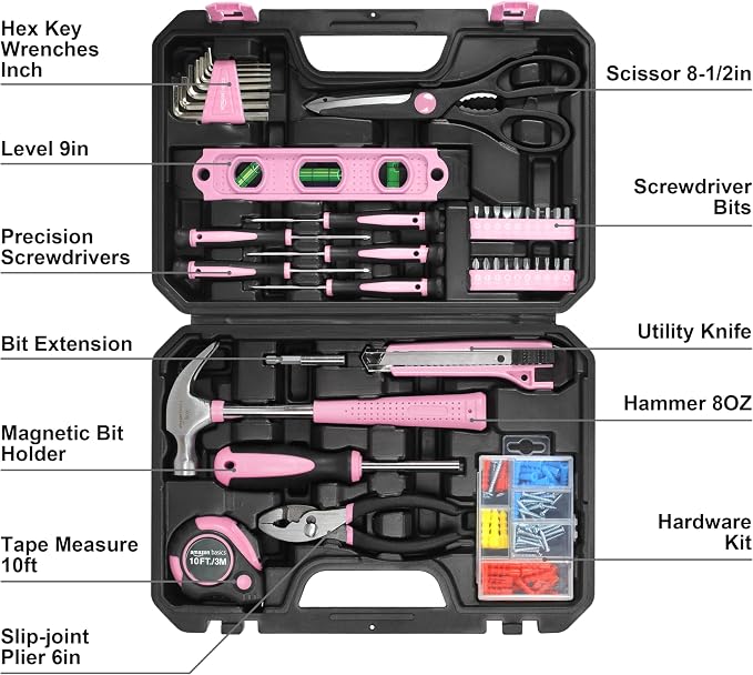 Amazon Basics 142-Piece Household Tool Kit for Home Repair, Hand Tools with Storage Case, 13.39 x 9.25 x 2.95 inch, Pink