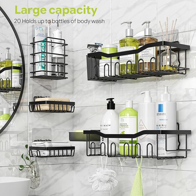 Simple Trending Adhesive Shower Caddy, 5-Pack Large Capacity Shower Shelves with Soap Dish Toothbrush Holder & Hooks, No Drilling Bathroom Organizer and Storage for Home Decor, Black