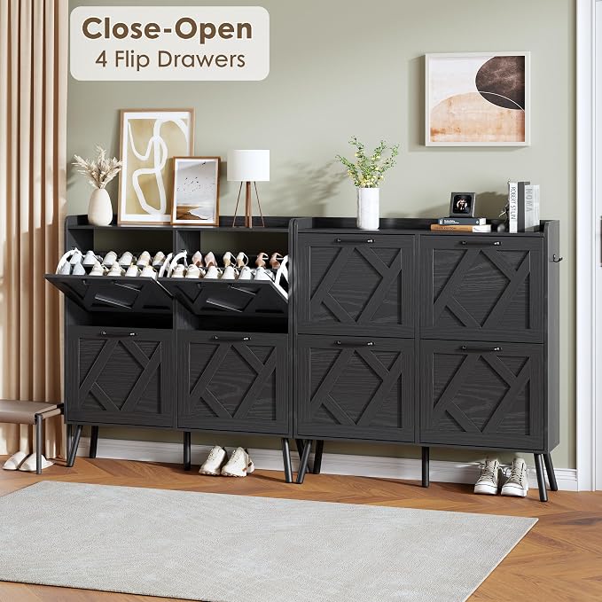 Nicetree Shoe Cabinet with 4 Flip Drawers, Hidden Shoe Rack Cabinet with Metal Legs, Farmhouse Narrow Shoe Storage Cabinet for Entryway, Foyer, Hallway, Black