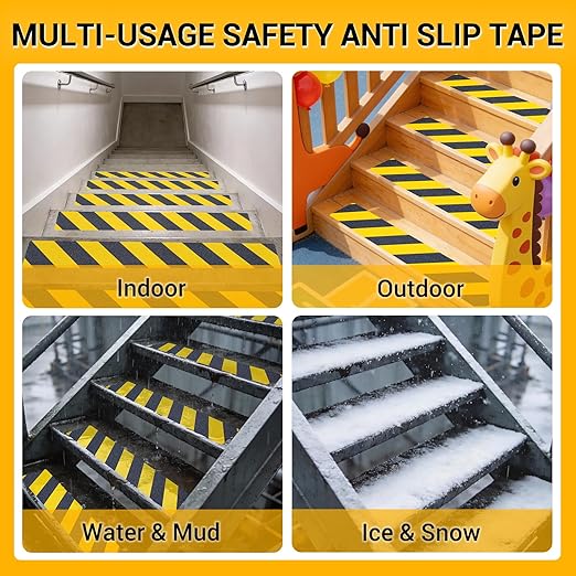 Anti Slip Tape, 6 Inch x 42 Ft Grip Tape for Stairs Outdoor/Indoor, Waterproof Non Skid Roll for Stair Treads Non Slip, High Traction Friction Abrasive Adhesive Stair Steps, Caution Yellow/Black