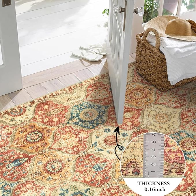 Lahome Moroccan Trellis Round Area Rugs, Washable Small Round Rug 3ft Non-Slip, Soft Vintage Ultra-Thin Circle Carpet for Bedroom Entryway Kitchen Laundry Bathroom Elise, Red/Orange