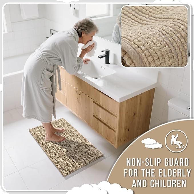 Yimobra Bathroom Rugs Non Slip Washable 24x17 Inch - Ultra Soft Absorbent Chenille Bath Mat, Quick Dry Shaggy Floor Carpet for Tub Shower, Camel Home Decor Accessories