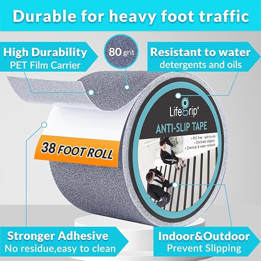 Lifegrip Anti Slip Traction Tape, 4 Inch x 38 Foot - Best Grip, Friction, Abrasive Adhesive for Stairs, Tread Step, Indoor, Outdoor, Grey (4" X 38')