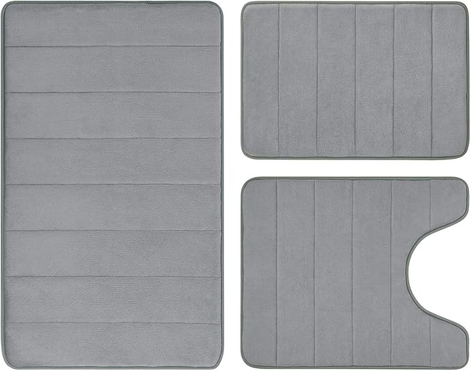 BYSURE Grey Memory Foam Bathroom Rug Set 3 Piece, Non Slip Extra Soft Absorbent Bath Mats, Machine Washable & Dry Toilet Mat Sets for Bathroom Floor