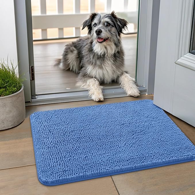 Smiry Dog Door Mat for Muddy Paws 24x16, Absorbent Dirt Trapper, Non-Slip Washable Chenille Entryway Rug for Inside Floor, Cornflower Blue, Classic Solid