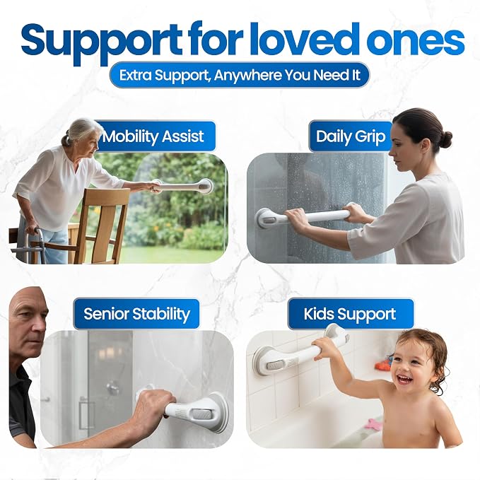 Safe-er-Grip Changing Lifestyles Suction Cup Grab Bars For Bathtubs & Showers; Safety Bathroom Assist Handle, White & Grey, 16 Inches