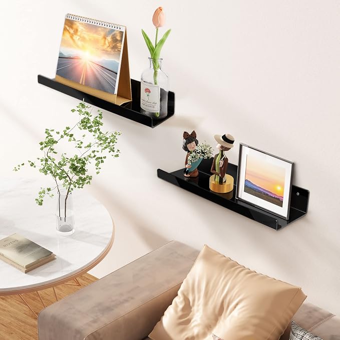 upsimples Acrylic Shelves for Wall Decor, 15" Display Shelf Perfume Organizer for Bathroom, Bedroom, Living Room, Floating Bookshelves for Kids, Black, 4 Pack