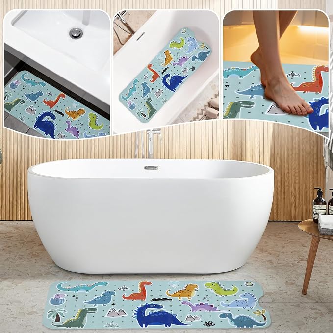 Bath Tub Shower Mat Non Slip Kids Bathtub Mat Anti Slip Baby Bath Mat for Tub 40 x 16 Inch Extra Long Toddler Bath Mat with Suction Cups and Drain Holes for Bathroom Floor,Machine Washable,Dinosaurs