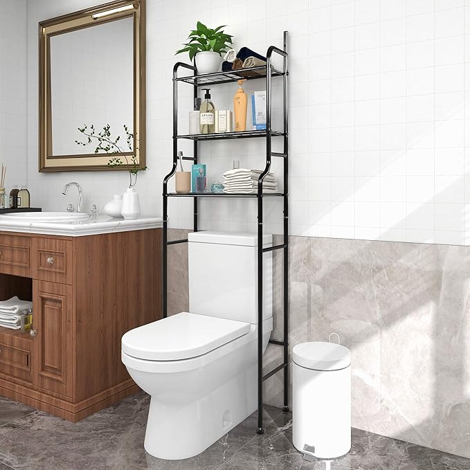 3-Shelf Bathroom Organizer Over The Toilet Space Saver Bathroom Corner Stand Storage Organizer, Black