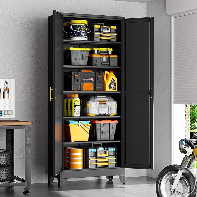 75" Black Metal Garage Storage Cabinet with 2 Doors and 5 Adjustable Shelves,Kitchen Pantry Cabinet,File Cabinet,Steel Tool Cabinet for Home,Office,Garage,School,Warehouse