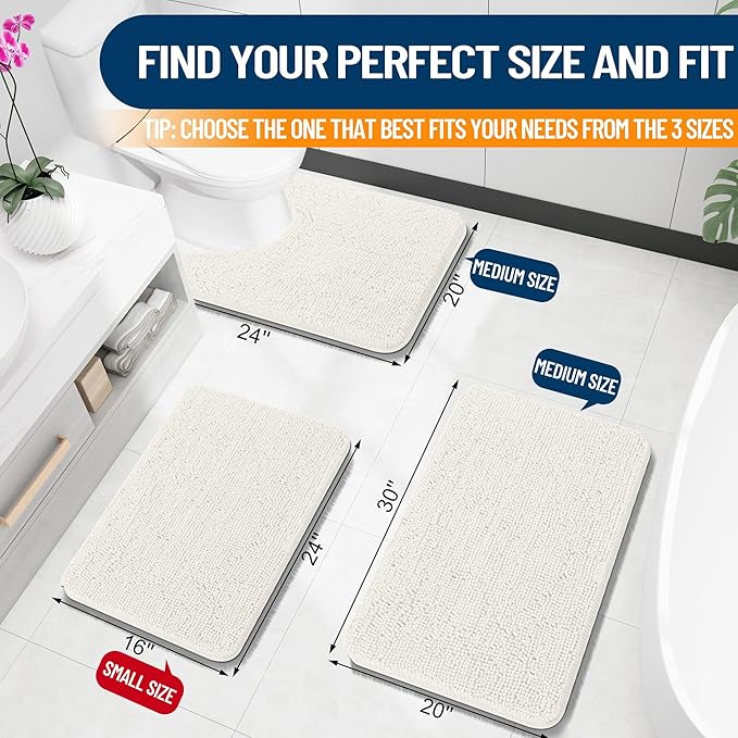 OLANLY Small Bathroom Rugs 24x16, Extra Soft Absorbent Chenille Bath Rugs, Rubber Backing Quick Dry, Machine Washable Bath Mats for Bathroom Floor, Tub and Shower, Home Decor Accessories, Ivory