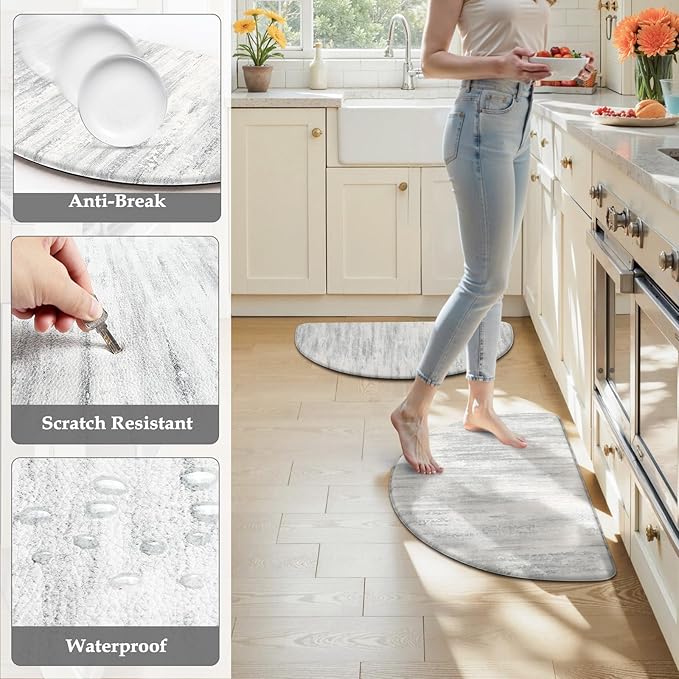 KIMODE Kitchen Mats Cushioned Anti Fatigue, 18"x28" Half Round Abstract Kitchen Rugs Sets of 2, Non Slip Waterproof Kitchen Floor Mats, Comfort Standing Mats for Laundry Office Sink Desk Gray