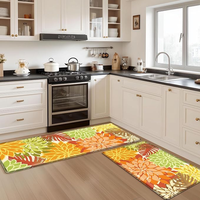 Arenarug Kitchen Mats for Floor 2PCS Cushioned Anti Fatigue Kitchen Mats Waterproof Non Slip Kitchen Rug Set Foam Standing Mat for Sink, Laundry, Office,17.3" x 28" + 17.3" x 59", Maple Orange