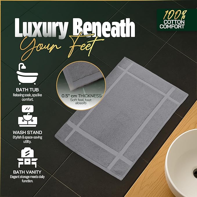 Pearl Linens 100% Ring Spun Cotton Bath Mat (Pack of 6) 18 x 25 Inch, Washable, Soft & Absorbent Terry Bathroom Floor Mat – Not Bathroom Rugs – Quick-Dry After Shower Bath Mat, 781 GSM, Light Grey