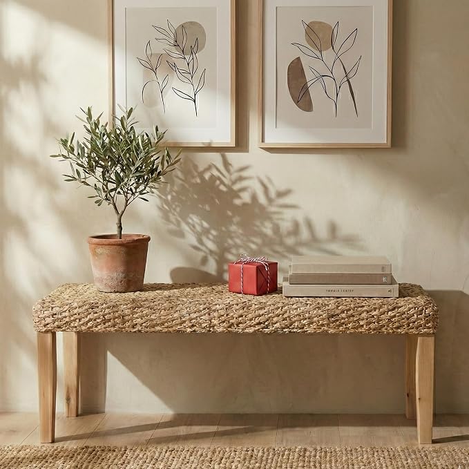 Indoor Bench Wicker for Entryway Bench, Wood Bench for Living Room Dining Bench or End of Bed Bench, 47" Boho Bench with Solid Wood Acacia & Natural Woven Seat, Rustic Farmhouse Rattan Hallway Bench