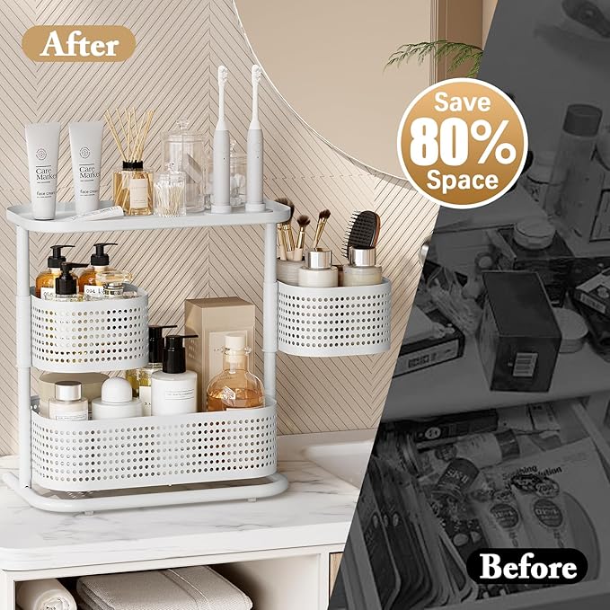 3-Tier Rotating Bathroom Counter Organizer, Vanity Tray for Makeup & Skincare, Countertop Spice Rack Storage, Space-Saving Shelf for Bathroom, Kitchen, Laundry Room, Baby Bottle Station, White