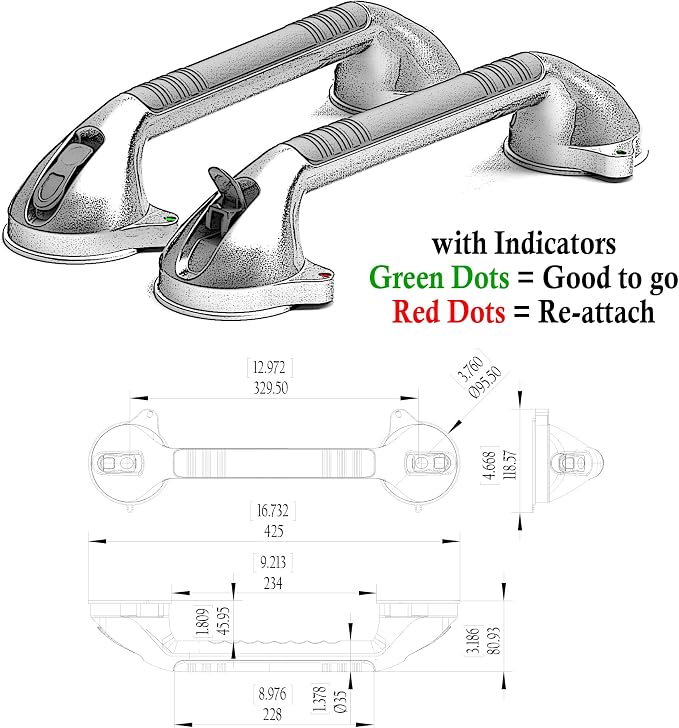 16.5inches Balance Assist Bathroom Shower Handle,Suction Bath Grab Bar with Indicators (Silver/Grey)