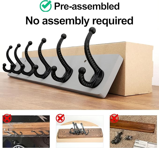 WEBI Rustic Coat Rack Wall Mount,24" Long 6 Cast Iron Coat Hooks Wall Mounted,Heavy Duty Wood Wall Coat Hanger Hooks for Hanging Coats,Jacket,Clothes,Backpack,Farmhouse,Gray
