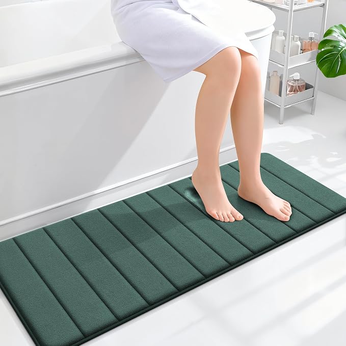 OLANLY Memory Foam Long Bathroom Rugs Runner 47x17, Super Soft Absorbent Bath Mat, Quick Dry, Machine Washable Shower Rugs, Bathmat Carpet, Bathroom Home Decor Accessories, Blackish Green