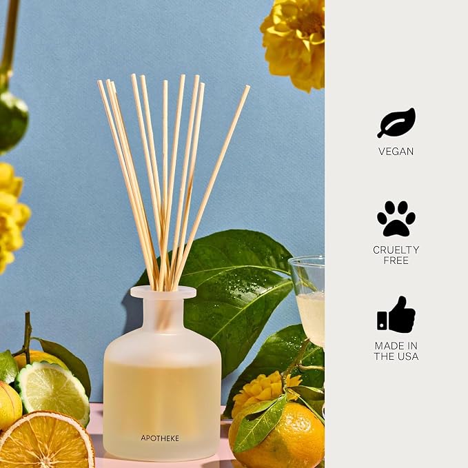 Apotheke Luxury Scented Reed Diffuser for Home, Bergamot Tangerine - 6.7 Fl Oz Essential Oil Aromatherapy - 10 Rattan Scent Sticks Room Diffuser - Long-Lasting Fragrance for Bedroom, Home, Bathroom