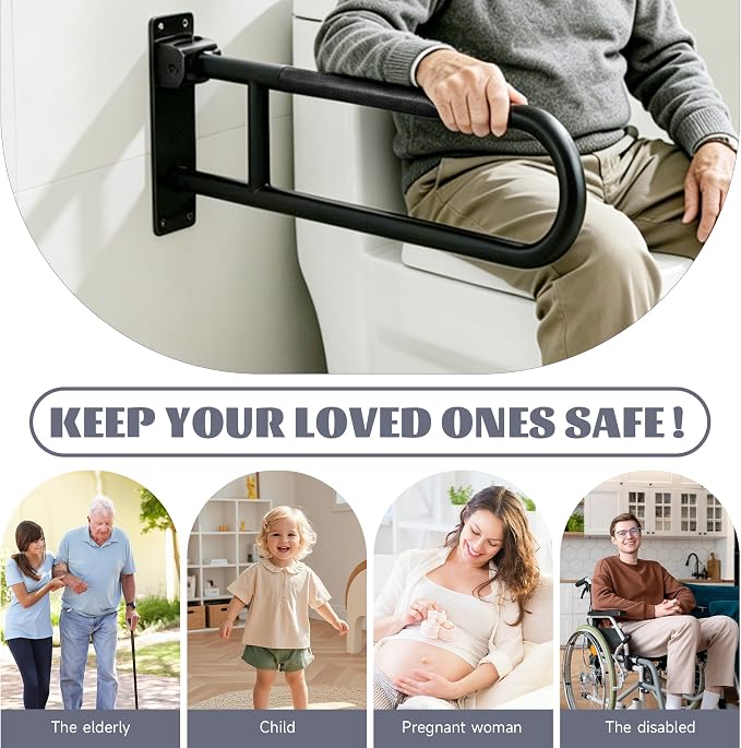 22.5 Inch Toilet Grab Bar, HUAS Black Anti Slip Bathroom Toilet Safety Rails, U Shaped Flip-Up Handicap Grab Bars w/Paper Holder, Stainless Steel Support Handrail for Elderly Disabled Senior
