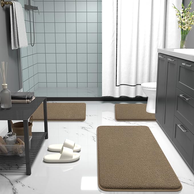 OLANLY Thick Memory Foam Small Bathroom Rugs 24x16, Extra Soft Absorbent Bathroom Mat, Quick Dry Bath Mats, Non-Slip, Machine Washable Carpet for Bathroom, Tub and Shower, Home Decor Accessories, Tan
